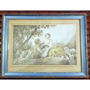 Francois Boucher La Musette Antique Hand Colored Lithograph 16"x12"